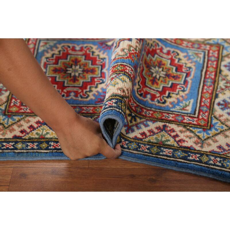 Geometric Blue Kazak Oriental Accent Rug Hand-Knotted Wool Carpet - 2'1"x 2'10"