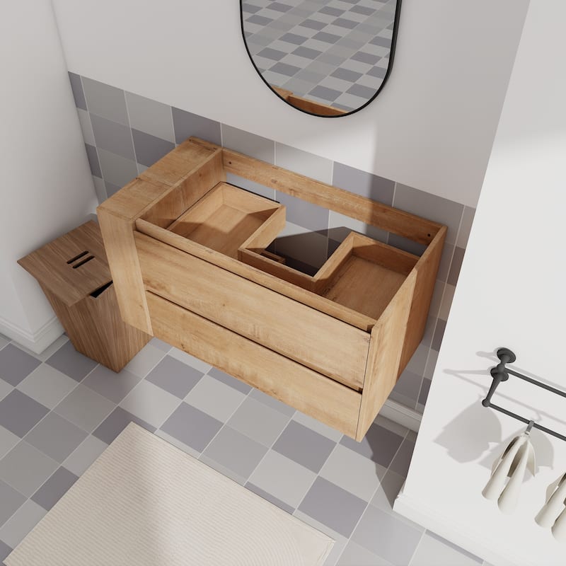 36 Inch Wall-Mounted Bathroom Vanity Base with Soft-Close Drawers, Adjustable Side Shelf and Angled Edge Handles