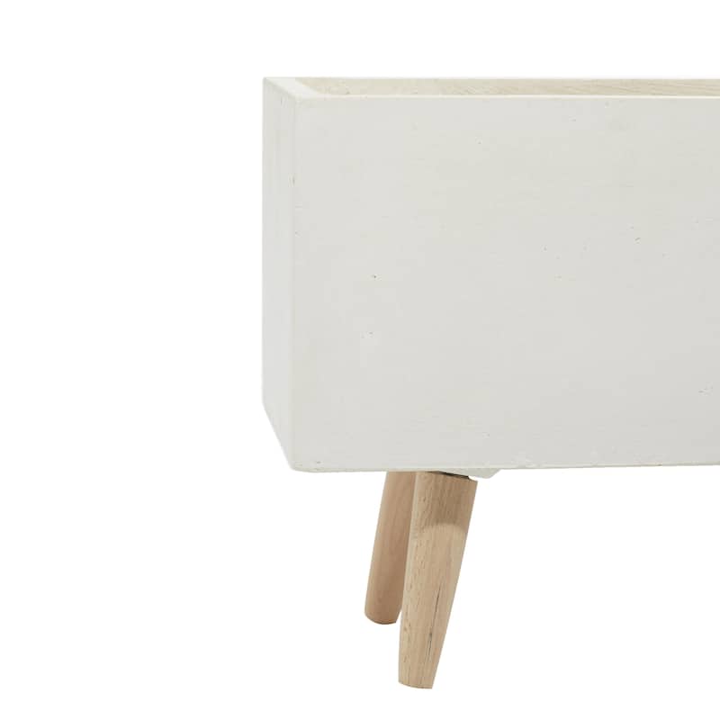 Fiberclay Ceramic Rectangular Indoor Outdoor Planter with Brown Wooden Legs - Set of 2 White - Roche River Decor