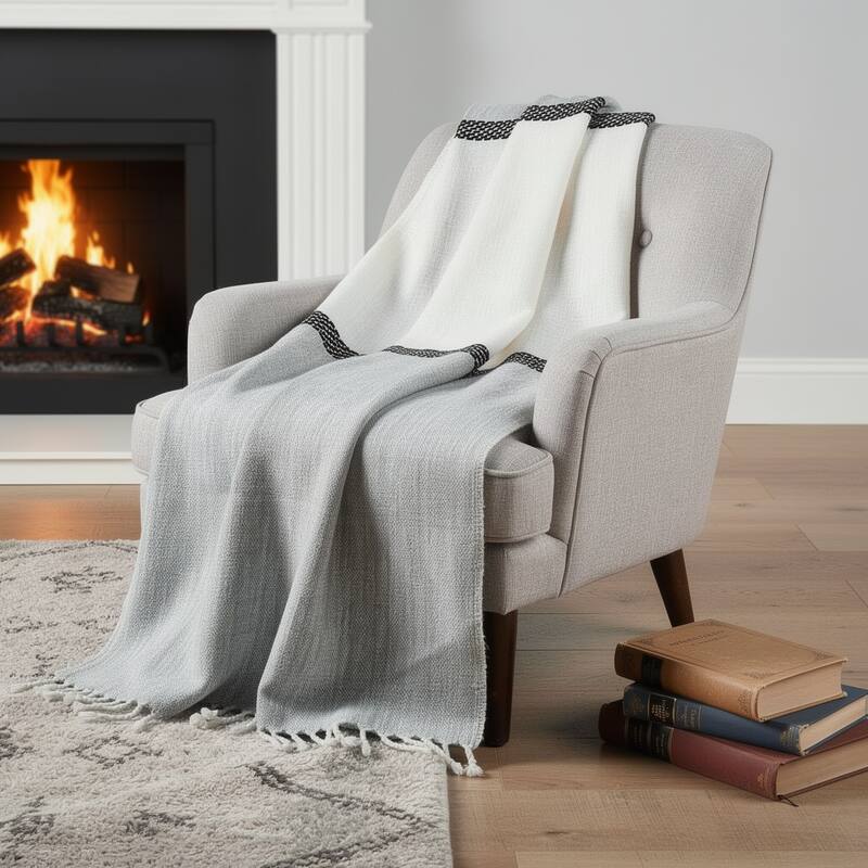 HomeRoots 50" X 60" Gray Cotton Woven Color Block Throw Blanket with Fringe - Throw - Gray