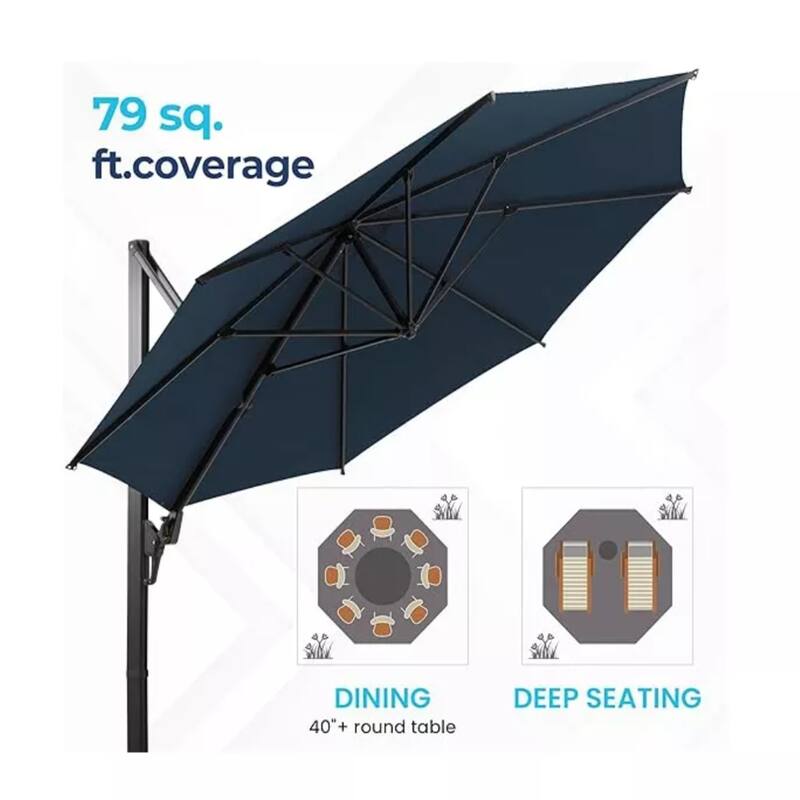 11 Ft Blue Round Cantilever Patio Umbrella with 360° Rotation tilt Adjustment