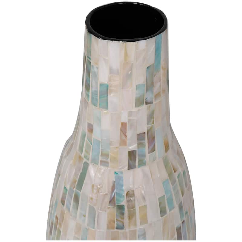 White Mother of Pearl Shell Handmade Mosaic Inspired Decorative Vase with Pastel Blue and Pink Accents