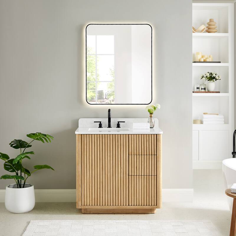 Clayton Bathroom Vanity in Washed Light Brown with Grain White Engineered Stone Countertop with Mirror - 36 inch