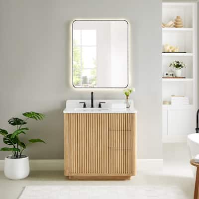 Clayton Bathroom Vanity in Washed Light Brown with Grain White Engineered Stone Countertop with Mirror