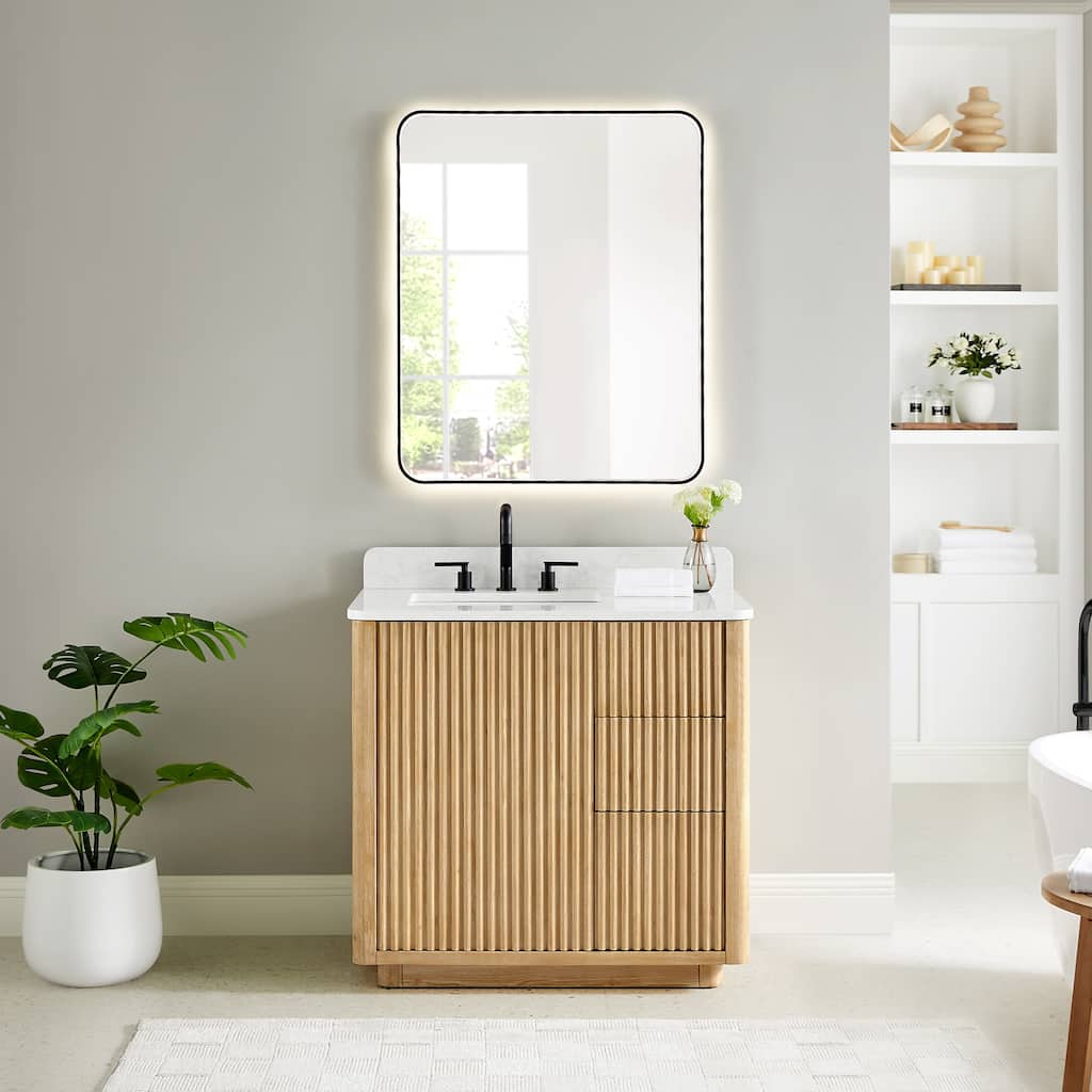 Clayton Bathroom Vanity in Washed Light Brown with Grain White Engineered Stone Countertop with Mirror