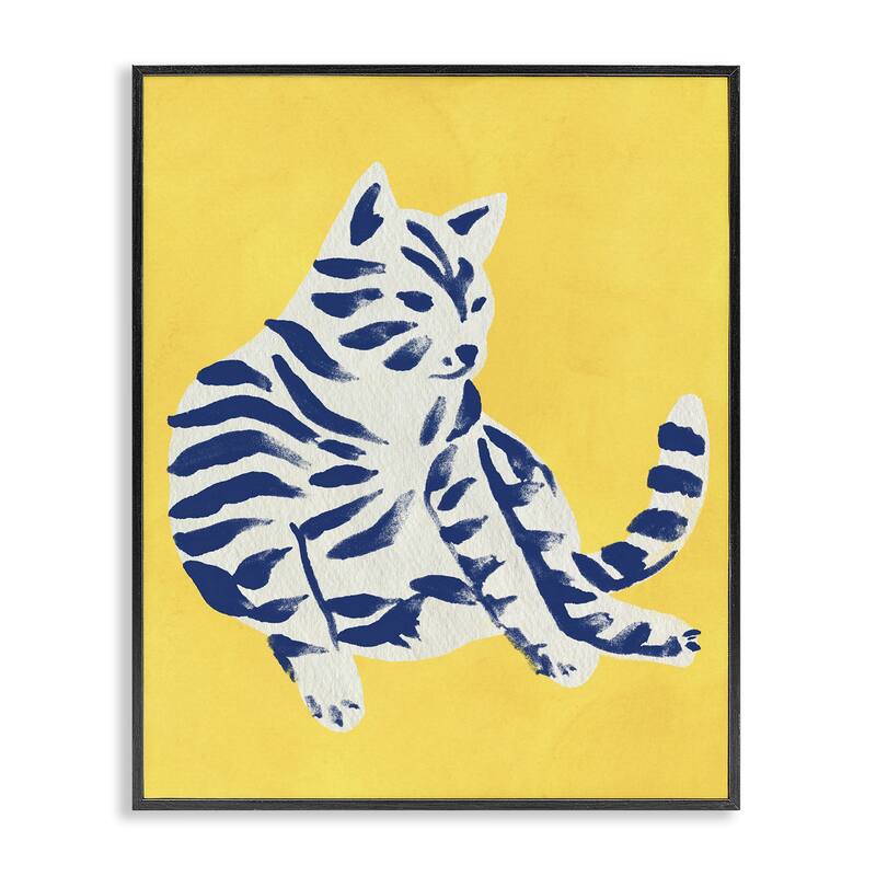 Stupell Unique Bright Cat on Yellow Framed Giclee Art Design By June Erica Vess - 16 x 20 - Black