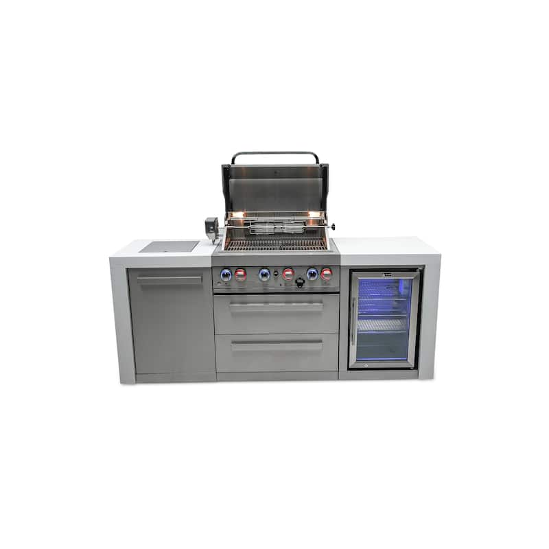 Mont Alpi MAi400-DFC 32-inch 4-Burner Deluxe Stainless Steel Outdoor Kitchen Island Grill + Fridge Cabinet + Granite Countertops