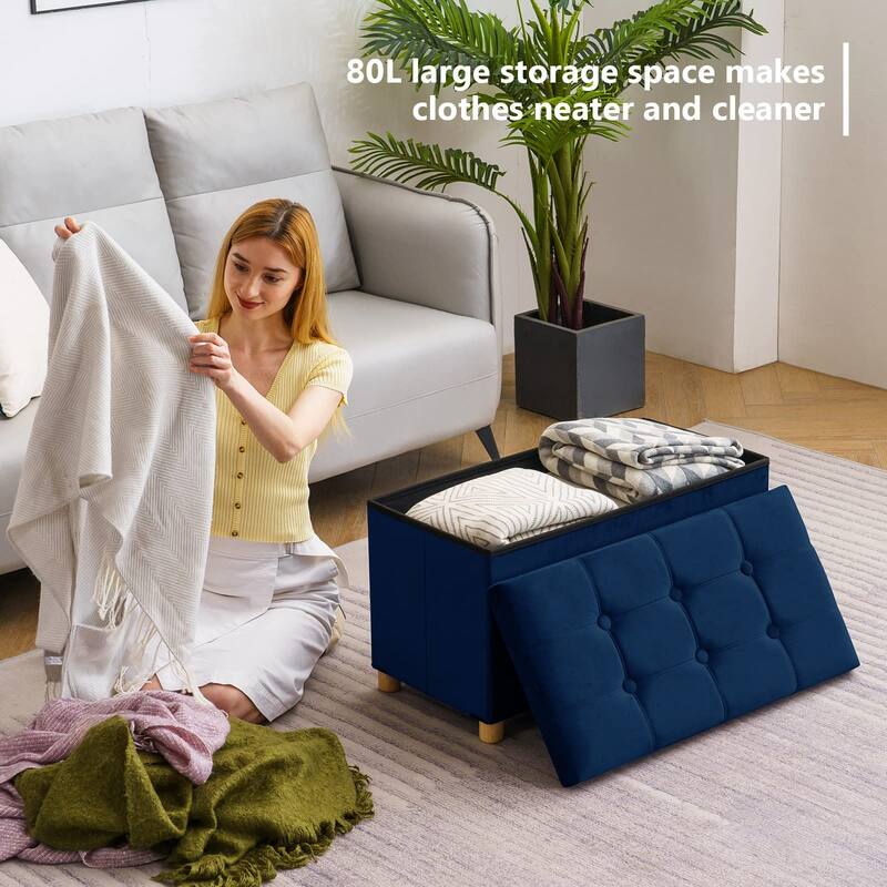 30 Inches Storage Ottoman Bench, Velvet Storage Bench, Folding Storage Chest, Footrest Couch with Wooden Legs, Support 350lbs
