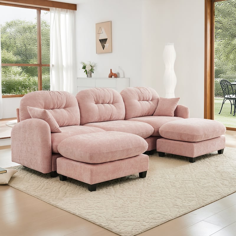 GDF Studio - Nina Modular Modern Chenille U-Shaped Sectional Sofa with Ottoman and 2 Soft Throw Pillows