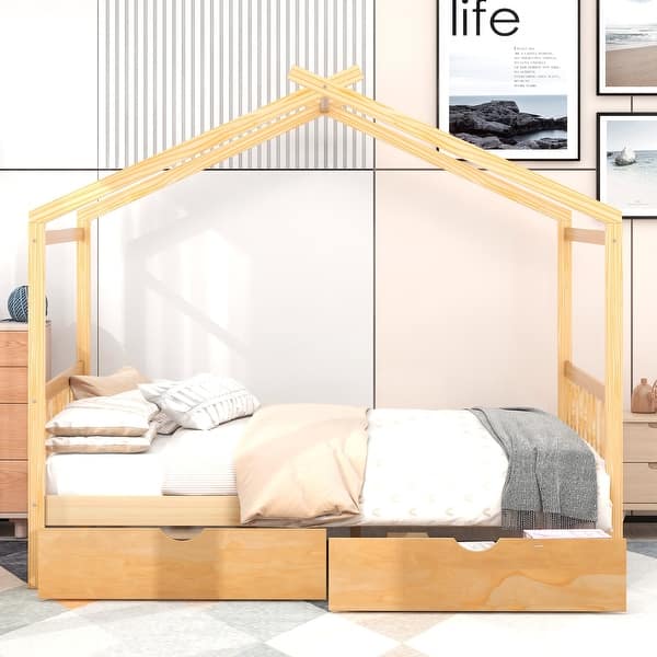 slide 2 of 9, Full Size House Platform Bed with Two Drawers,Headboard and Footboard,Roof Design Natural