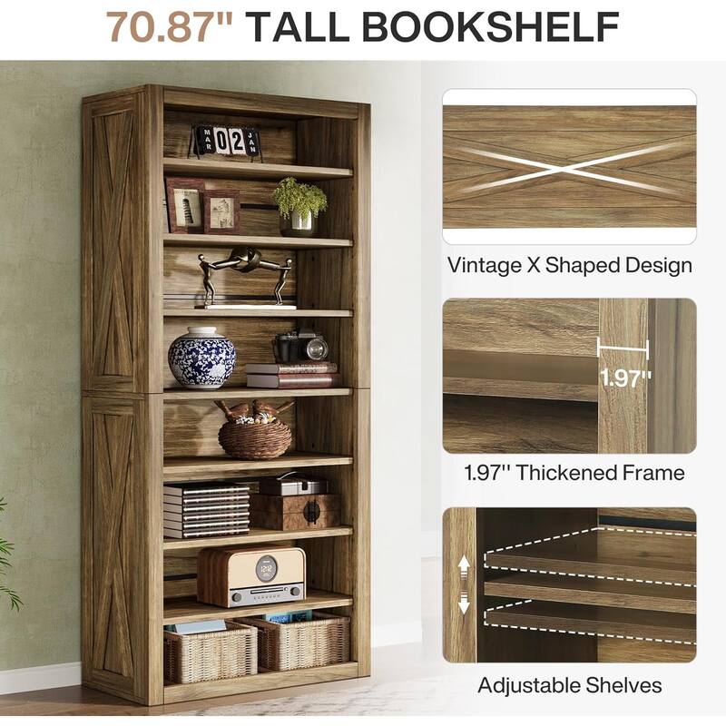 70.59 Inches Brown Wood Bookshelf with Adjustable Shelves, 8-Tier Large Bookcase for Living Room