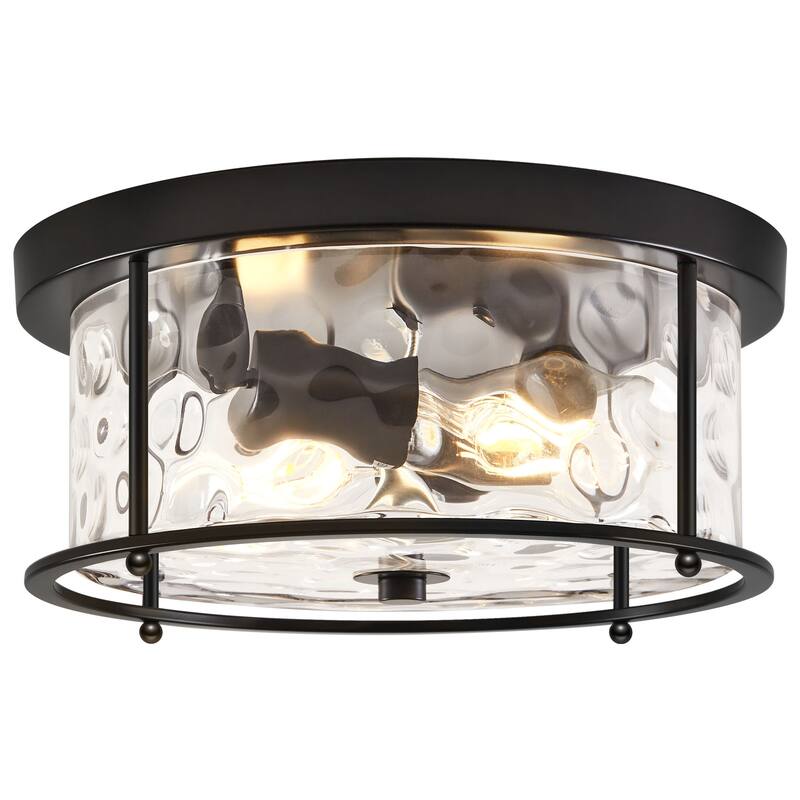 2-Light Flush Mount Water Rippled Glass Ceiling Light with Metal Frame - Matte Black