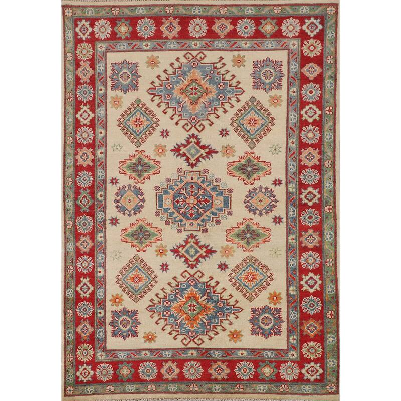 Red Geometric Kazak Area Rug Handmade Oriental Wool Carpet - 4'0" x 6'0"