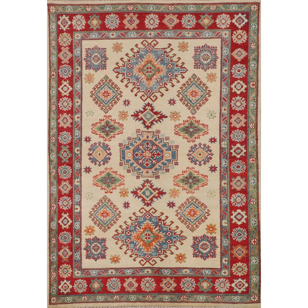 Red Geometric Kazak Area Rug Handmade Oriental Wool Carpet - 4'0" x 6'0"