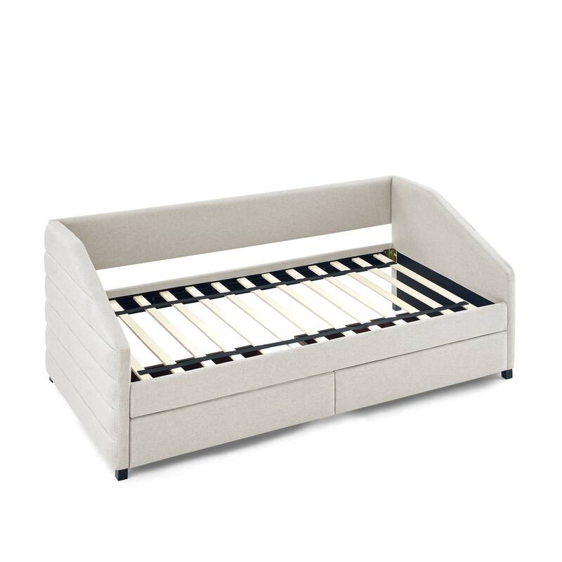 Twin/Full/Queen Size Upholstered Daybed with 2 Drawers, Linen Fabric Upholstered Sofa Bed, Wheeled Storage Daybed w/ Wood Frame
