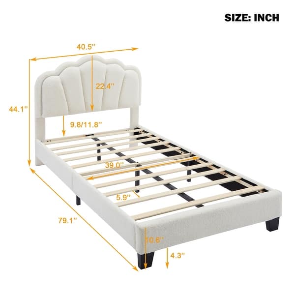 Twin Size Upholstered Flower-Shape Bed with LED Light Strip, Sherpa Fabric Platform Bed with Wooden Slats Support