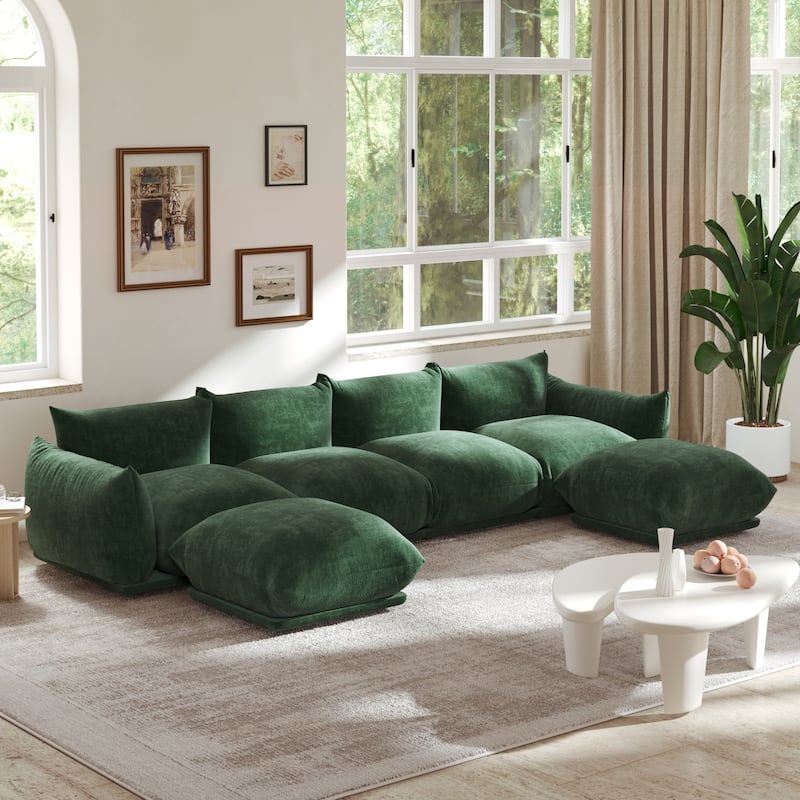 Chenille Fabric Sectional Sofa U-shaped 4-seats Sofa with 2 Ottomans - Green