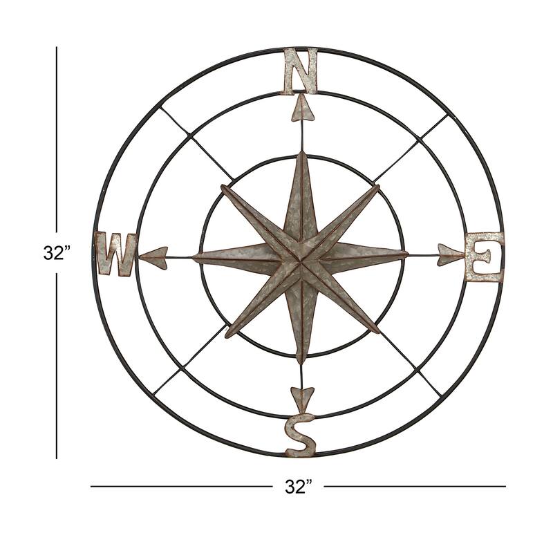Gray Metal Indoor Outdoor Compass Home Wall Decor with Distressed Copper Like Finish