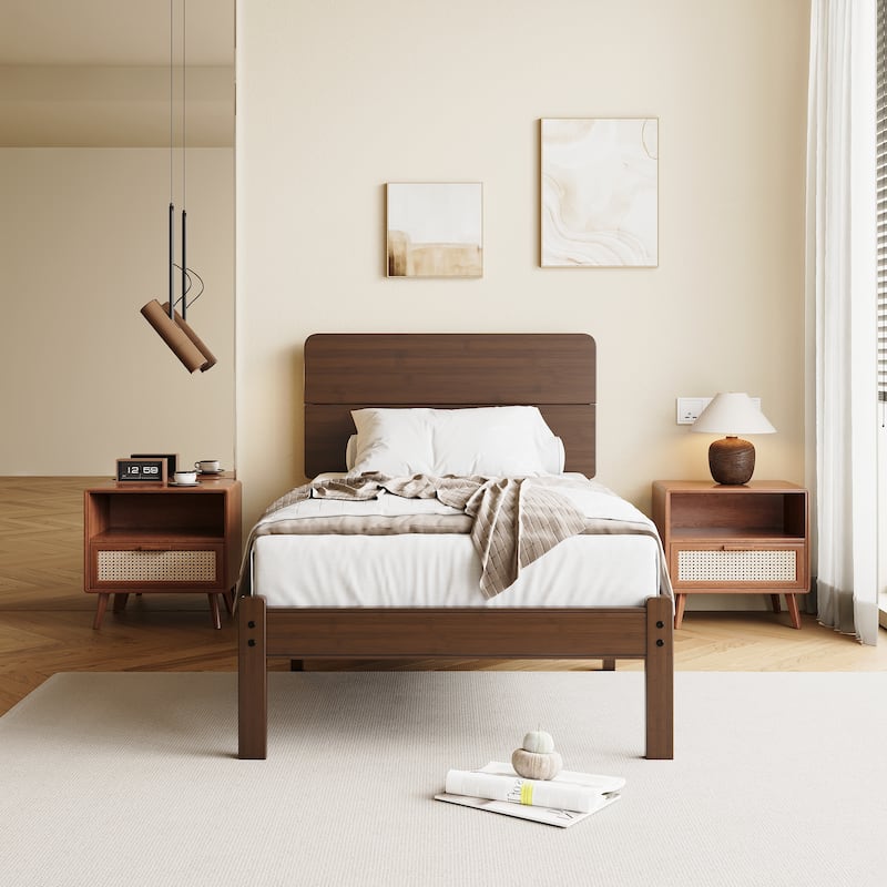 Walnut-colored solid wood and bamboo bed frame with headboard, easy to assemble, no box springs required - Natural - Twin