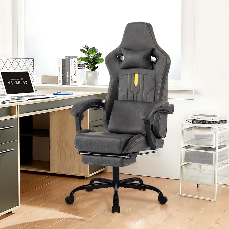 Gaming Chair with Massage Lumbar Support and Footrest, Comfortable Ergonomic Chair with Linkage Armrests, Height Adjustable