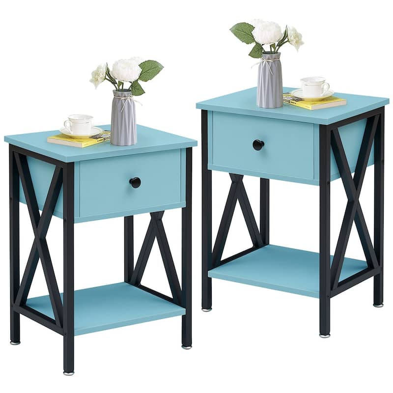 VECELO Mid Century Modern Nightstand with Storage Shelves, Set of 2 Nightstands, End Table/Side Table - Light Blue