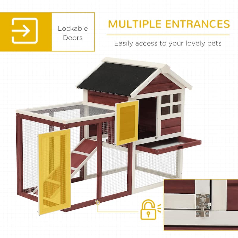 PawHut 48" Wooden Rabbit Hutch Bunny Cage with Waterproof Asphalt Roof, Fun Outdoor Run, Removable Tray and Ramp
