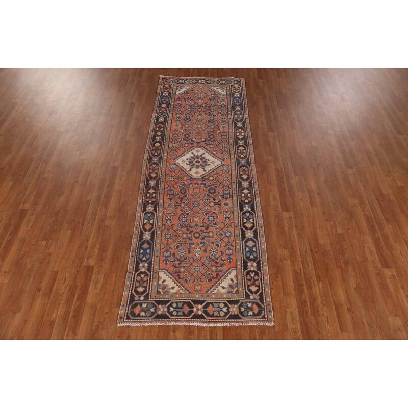 Hand Knotted Oriental 100% Wool Carpet Traditional Geometric Oranges & Rust Hamedan Runner Rug - 9' 7'' X 3' 4''