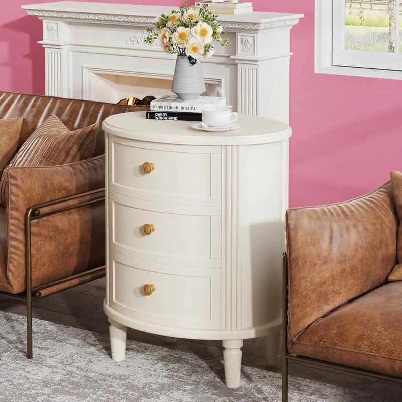 White-Beige Wood Oval Nightstand with 3 Drawers and Spacious Storage