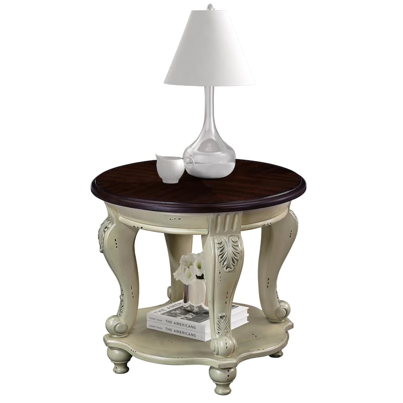 22'' Retro Round End Table,Solid Wood Sofa Side Table with Shelf,Living Room Corner Table Easy Assemble,Cherry