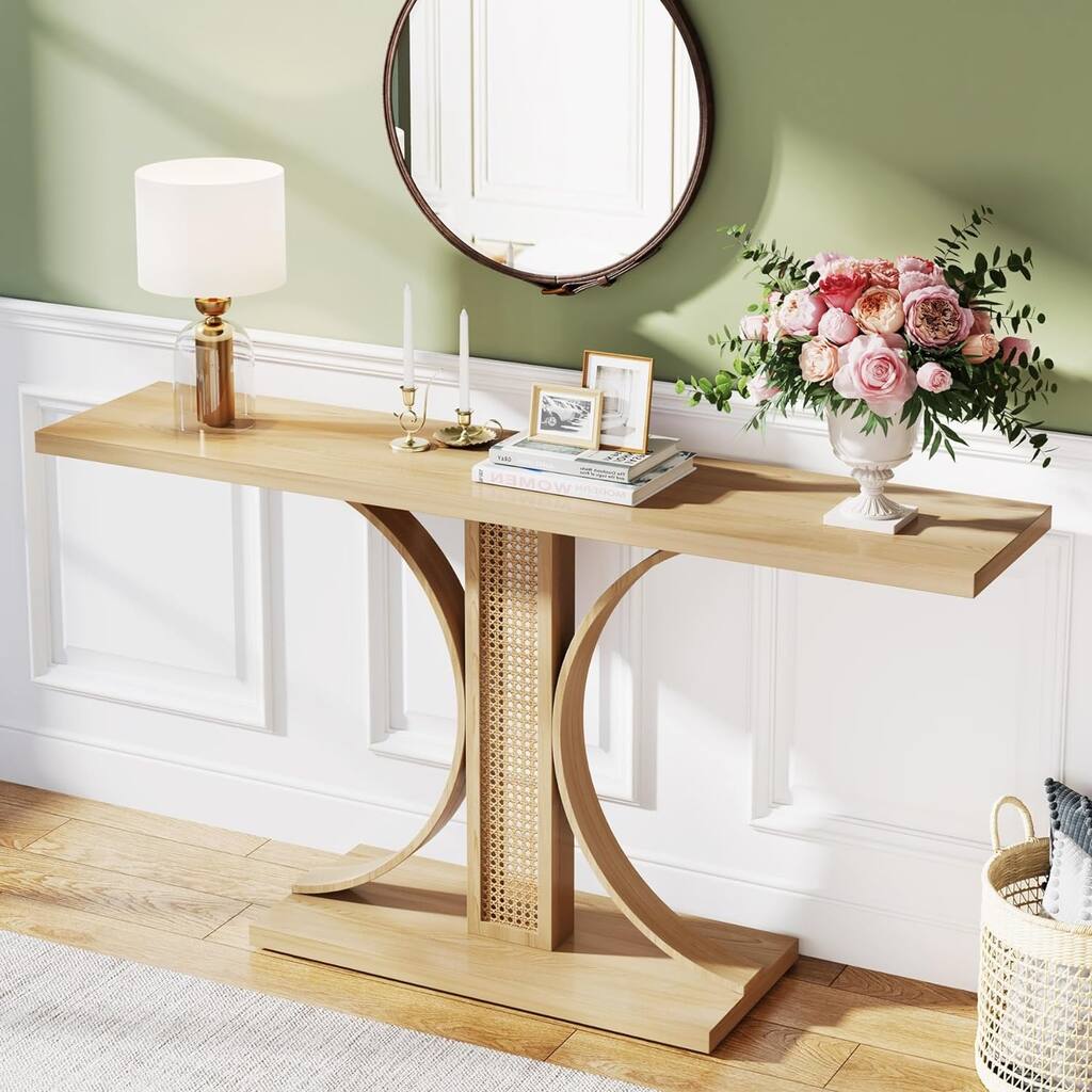 55 inches Rattan Console Table, Farmhouse Hallway Table, Wooden Entryway Table