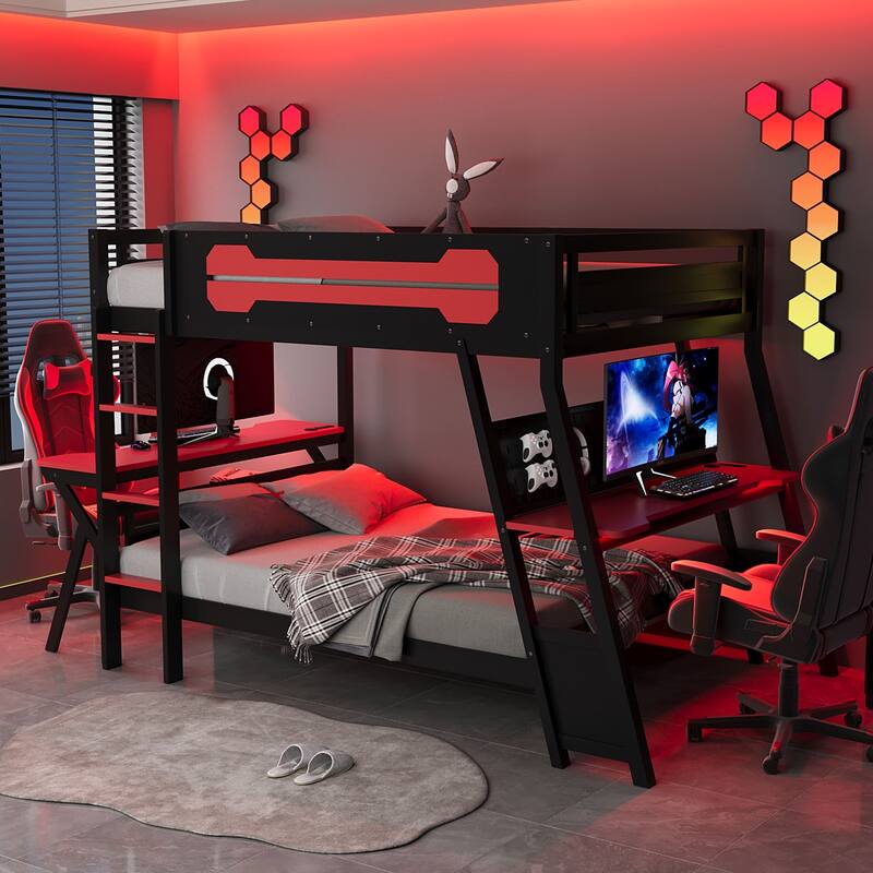 E-sports Inspired Bunk Bed with 2 Built-In Gaming Desks, USB Desktop Ports and Pegboard Organizer, Bunk Frame for Teens Gamer - Red - Full