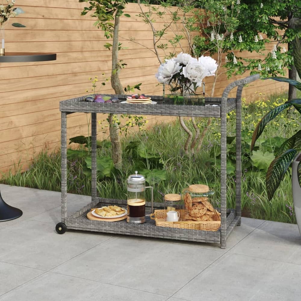 vidaXL Outdoor Bar Cart 2-Tier Serving Cart Rolling Utility Cart PE Rattan - 39.4" x 17.7" x 32.7"