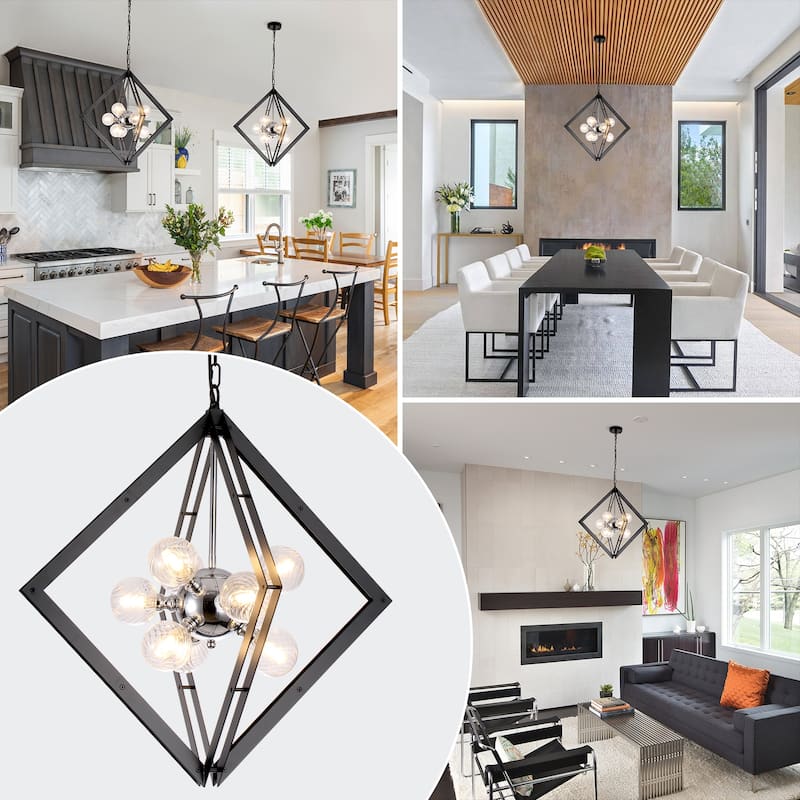 Modern Black Sputnik Chandelier with Clear Glass Shades for Dining Room - Dia.24.8-in