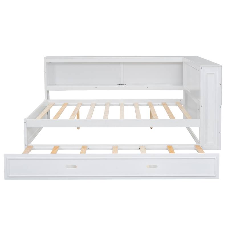 Full Size Daybed with Storage Shelves, USB Charging, LED Lights, and Twin Trundle (600lb Capacity)