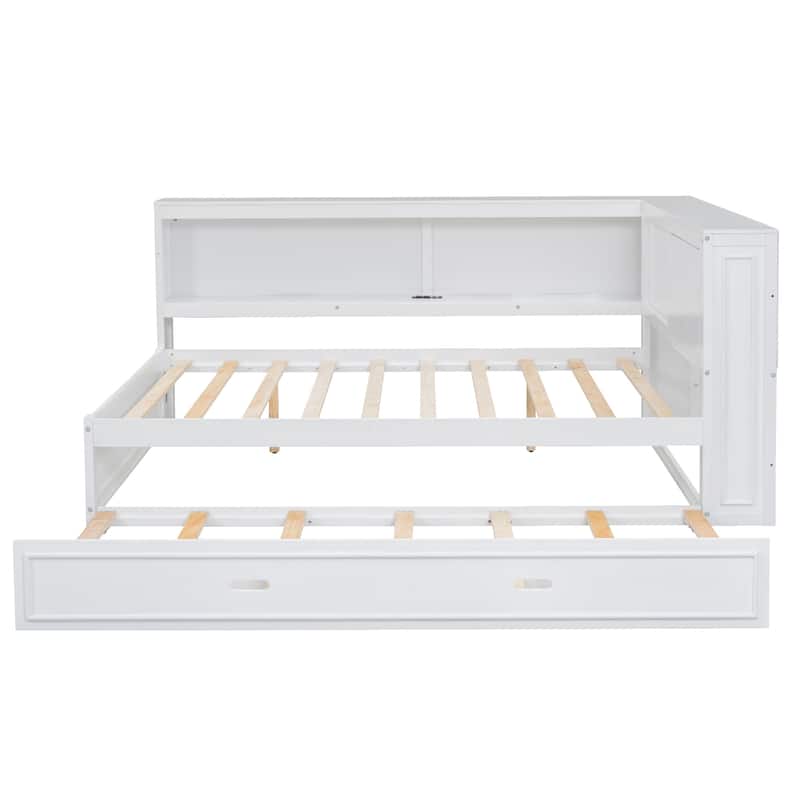 Modern Wood Platform Bed, Full Size Daybed with Storage Shelves, USB and LED, L Shape Floor-Bed with Trundle for Bedroom