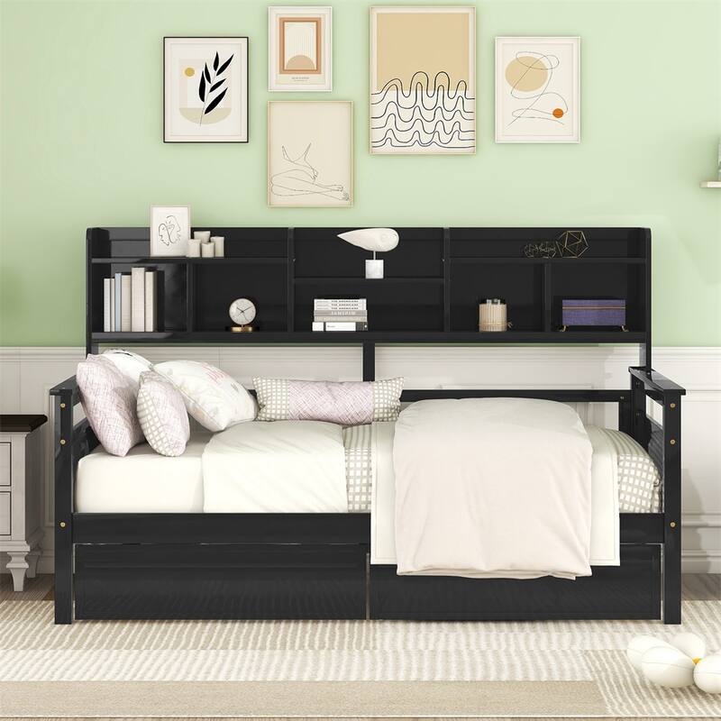 Twin size Daybed,Wood Slat Support,w/Bedside Shelves and Two Drawers