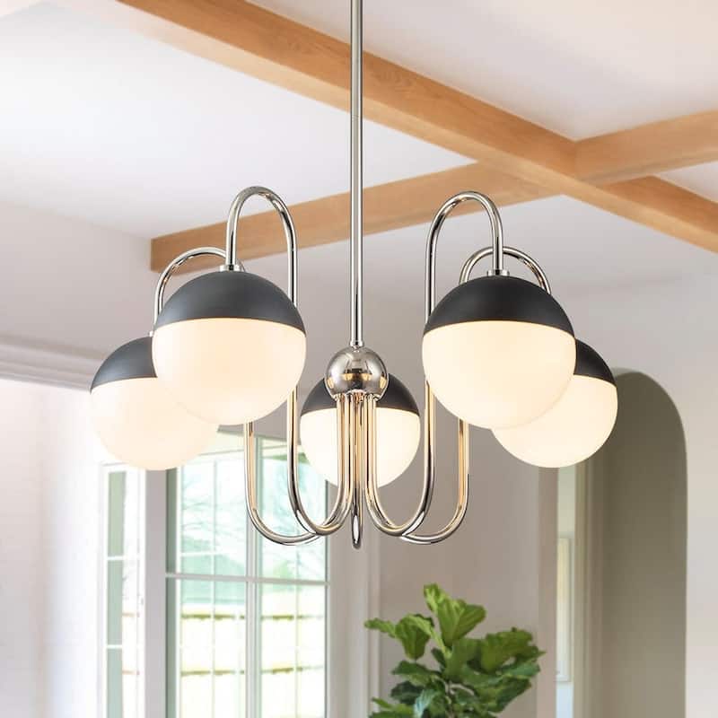 Mid-century 5-Light Opal Glass Globe Sputnik Chandelier - Nickel
