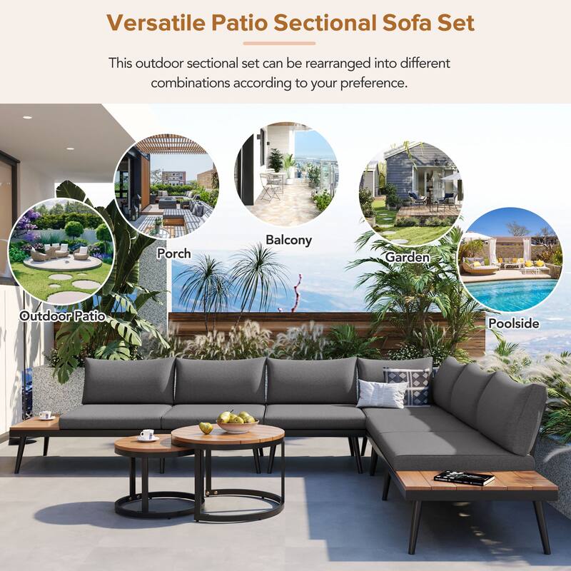 Grey Acacia Wood Outdoor Sectional Sofa Set with Round Nesting Coffee Tables
