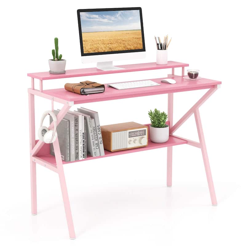 Costway Home Office Desk with Monitor Stand, Open Shelf & Metal Frame, - See Details - Pink
