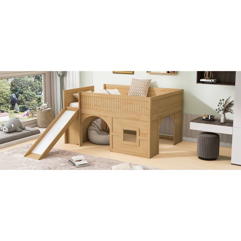 Roomfitters Full Low Loft Bed with Slide, Storage Shelves and Window Design