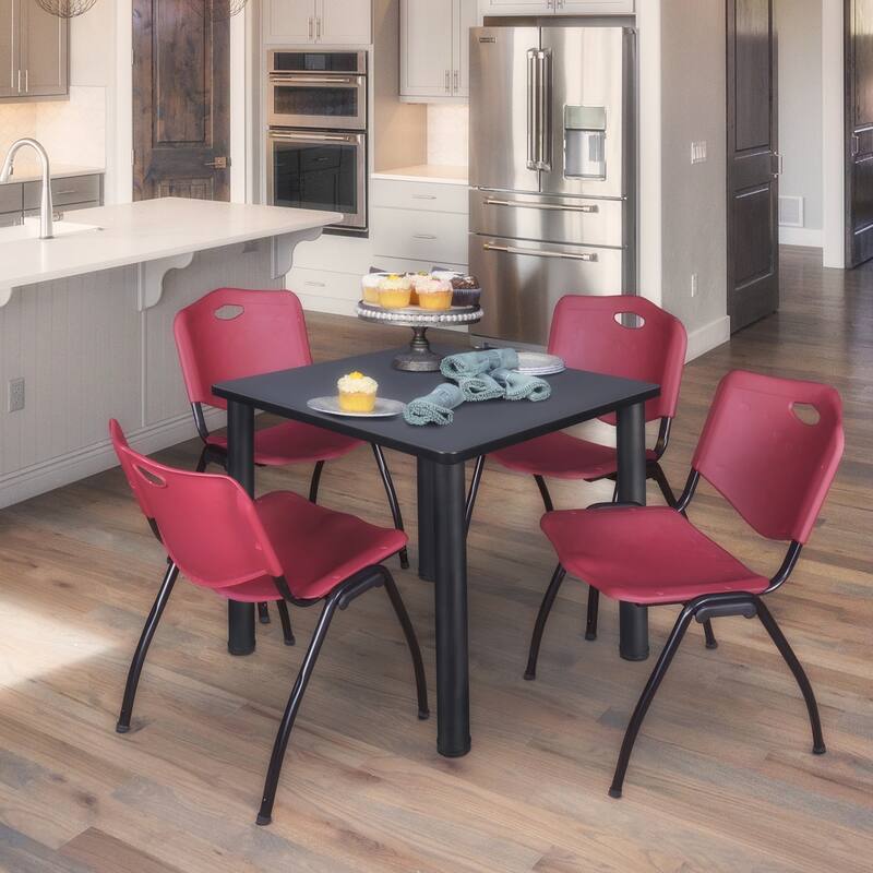36 in. Square Breakroom Table- Grey/ Black & 4 'M' Stack Chairs- Burgundy