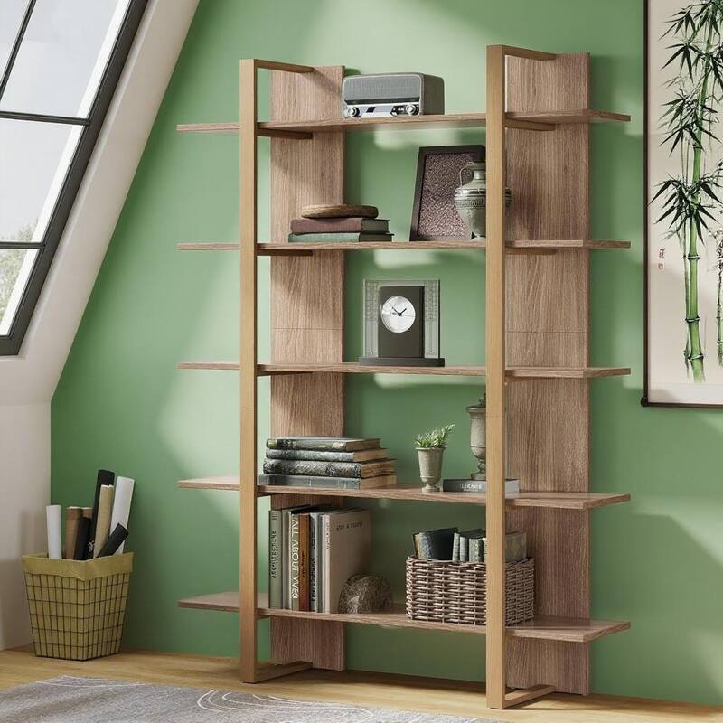 Brown Wood Metal 5 Tier Industrial Bookshelf with Open Storage Design - 7.24" W x 70.87" H x 11.81" D - Brown