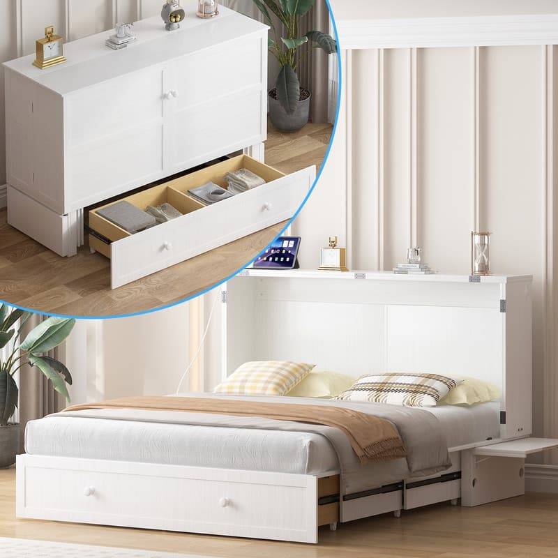 Mixoy Murphy Bed with Mattress,Cube Foldable Cabinet Bed with Charging Station - White - Queen