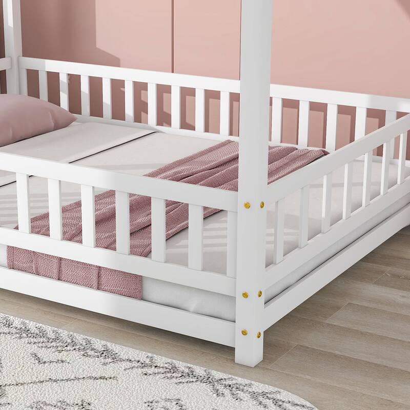 Twin/Full House Floor Bed for Kids, Wooden Montessori Bed Frame with Roof and Safety Guardrail for Boys or Girls, Twin/Full Size