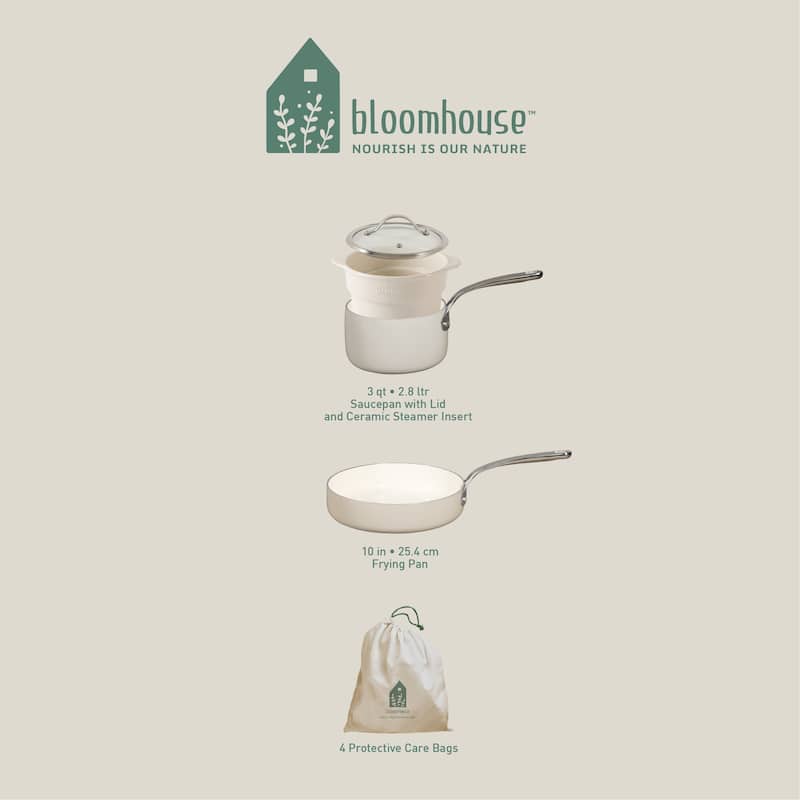 Bloomhouse 4-Piece Aluminum Cookware Set w/ Non-Stick Non-Toxic Ceramic Interior and Ceramic Steamer Insert