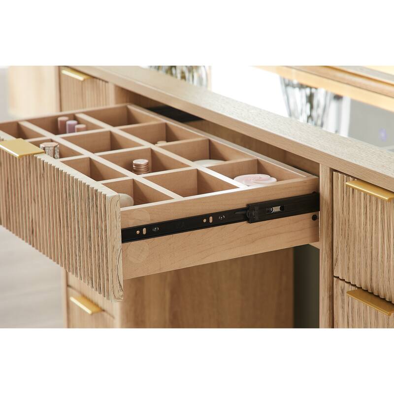 Modern Fluted Makeup Vanity Desk with Mirror, Lights, Charging Station