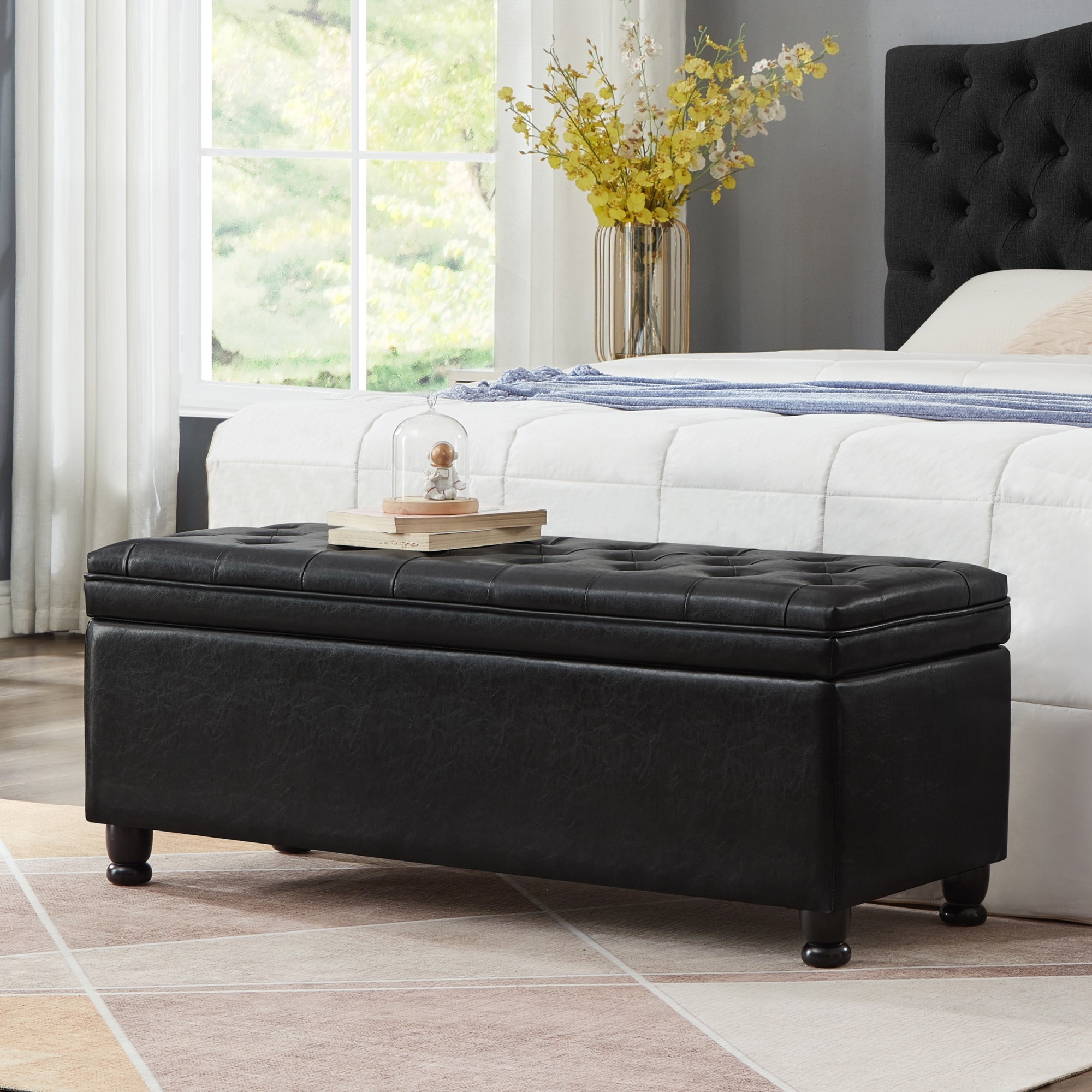 Roomfitters Button Tufted Faux Leather Storage Entryway Bench with Spindle Legs