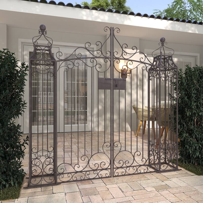 Dark Brown Metal Indoor Outdoor Scrollwork Arched Gate Garden Arbor with Pillars and Latch Lock Closure