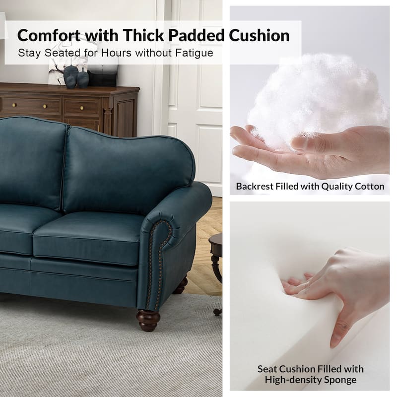 Balvino 81" Wide Transitional Genuine Leather Rolled Arm Sofa with Nailhead Trim and Removable Cushions