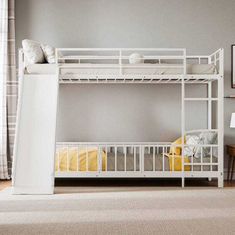 Slide-Equipped Metal Bunk with Guardrails and Detachable Ladder and Stair Options - Twin White - Twin